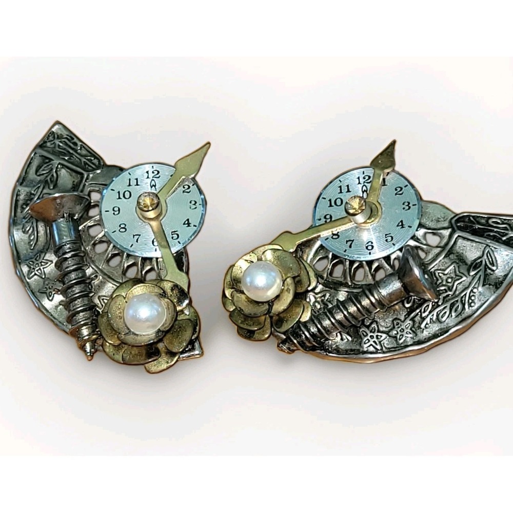 Vintage Handmade Steampunk Clock Pearl Mixed Media Earrings